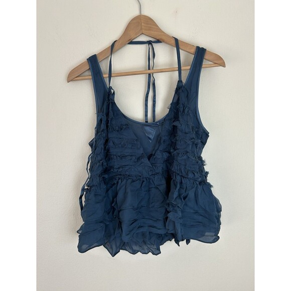 Cinq A Sept M Medium Silk Top Ruffle Blouse Halter Tiered Babydoll Ballet Blue - Picture 1 of 3